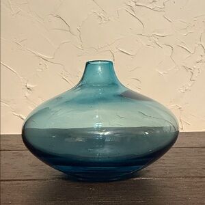Elegant Round Blue Glass MCM Style Squat Bud Vase Hand Made